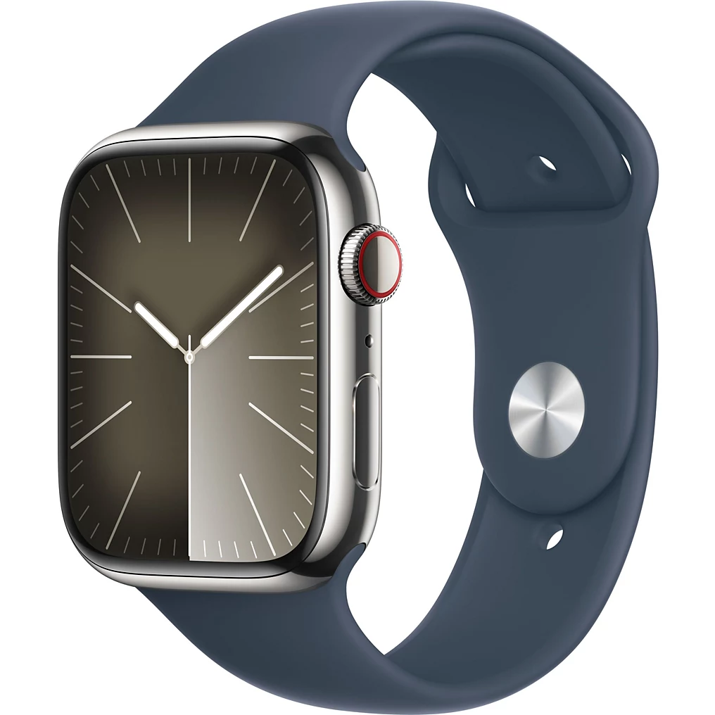 0.webp Montre connectée APPLE WATCH Serie 9 Cellular 45mm Acier/Argent Bleu Orage M/L – Image 1