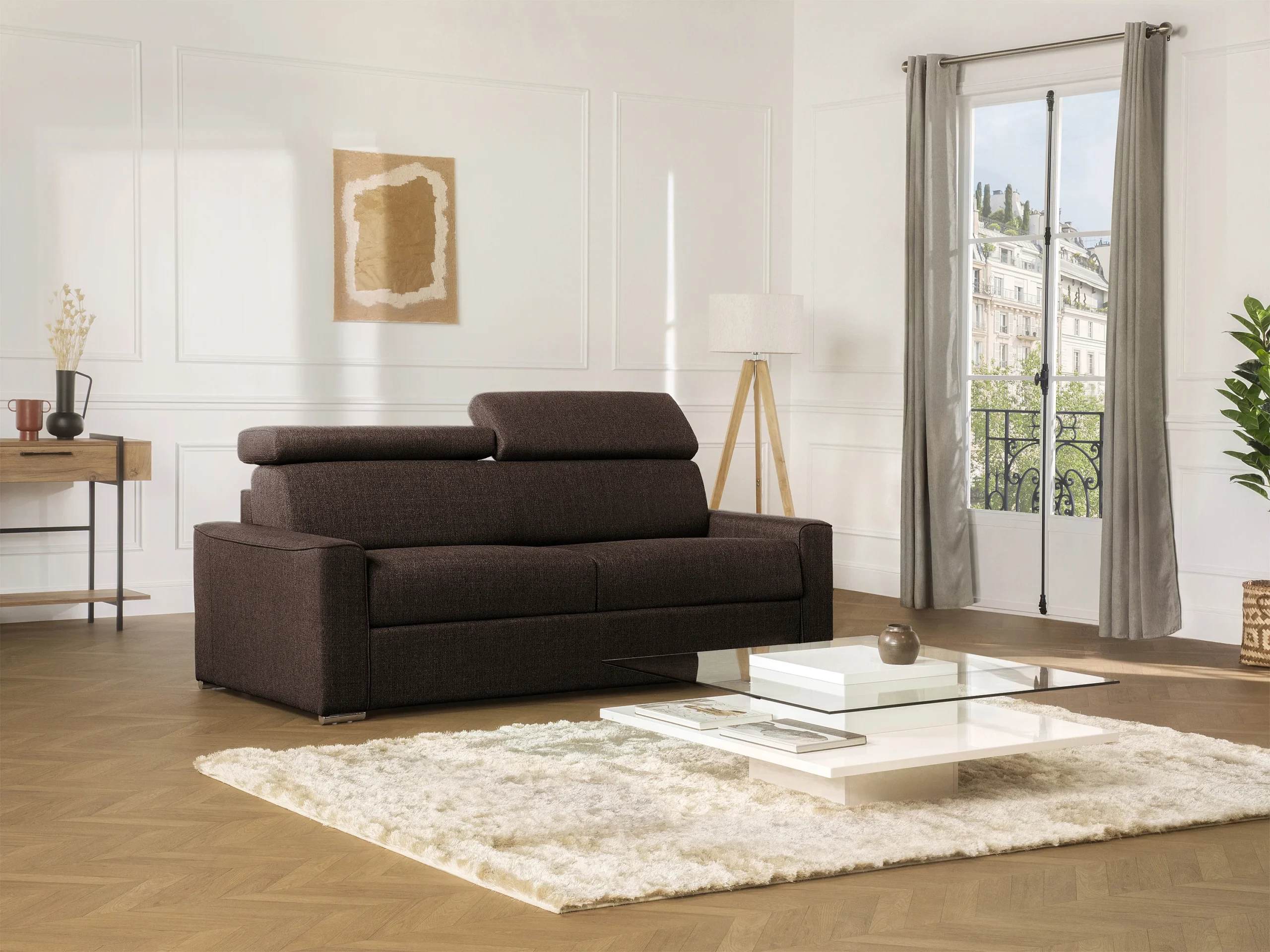 36739866-scaled-1.webp Canapé 4 places convertible express en tissu marron - couchage lattes larges 160 cm - Matelas 22 cm avec mémoire de forme VIZIR – Image 1