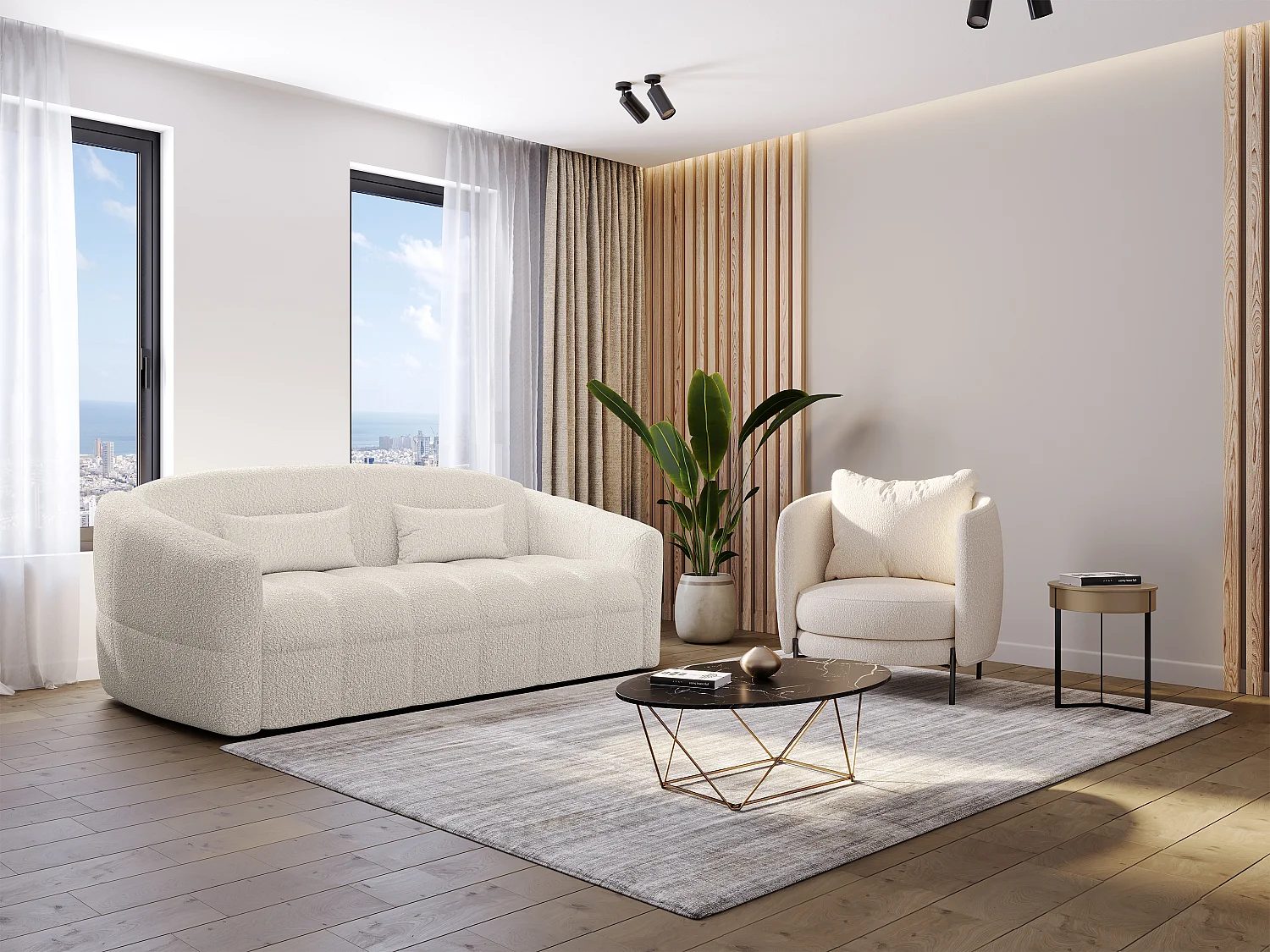 42188258.webp Canapé 3 places convertible express en tissu bouclette beige - Couchage 140 cm - Matelas 13 cm RETUNA II – Image 1